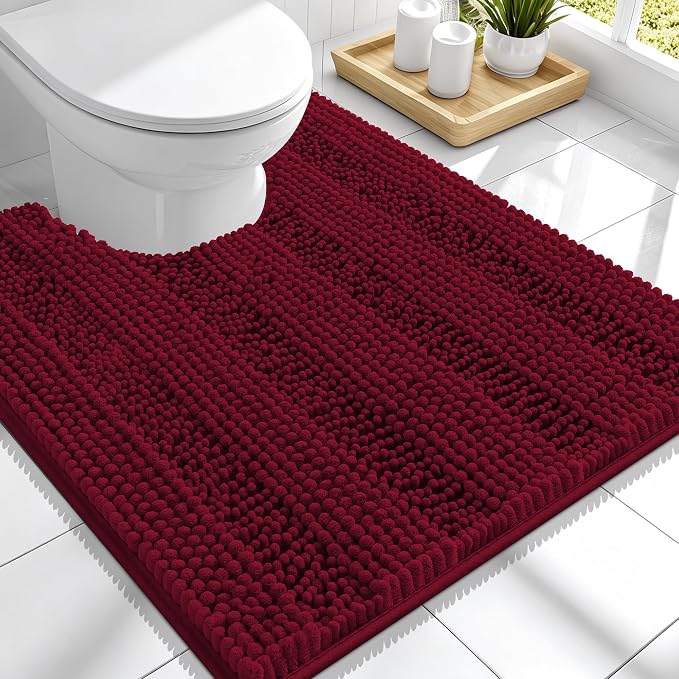 Smiry Thick Chenille Toilet Rugs U-Shaped 24x20, Extra Soft Absorbent Striped Contour Bathroom Rugs, Machine Washable, Dry Quickly, Bath Mat, Burgundy