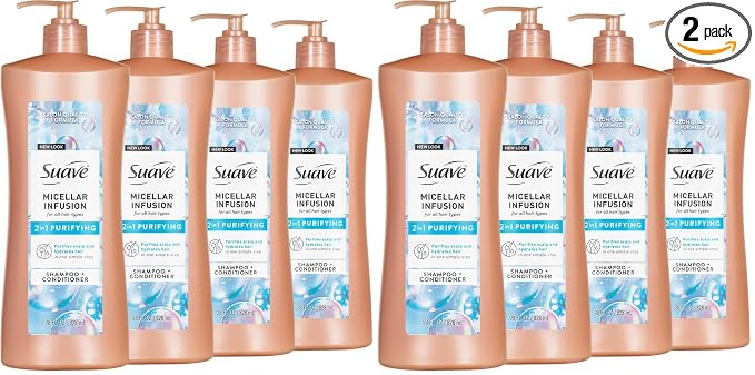 Suave Micellar Infusion 2-in-1 Purifying Shampoo + Conditioner, Gently Cleanses & Conditions for Manageable Hair, Daily Use for All Hair Types, 28 FL OZ Pump, 4 Count (Pack of 2)