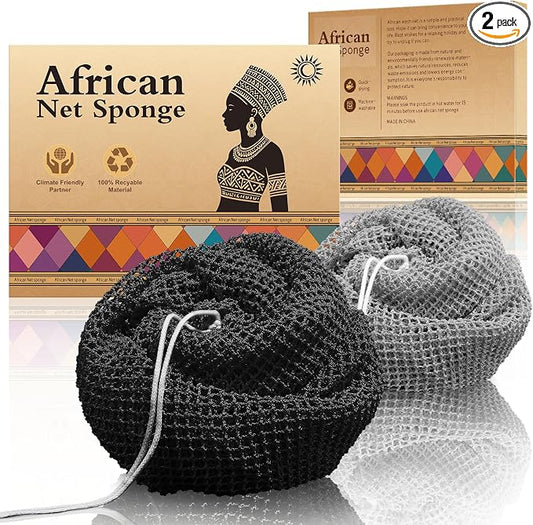 Authentic African Net Sponge - 2 Pieces Deep Clean Exfoliating Sponge - Soft Weave for Gentle Exfoliation, All-Skin-Type Shower Accessory (Black Gray)