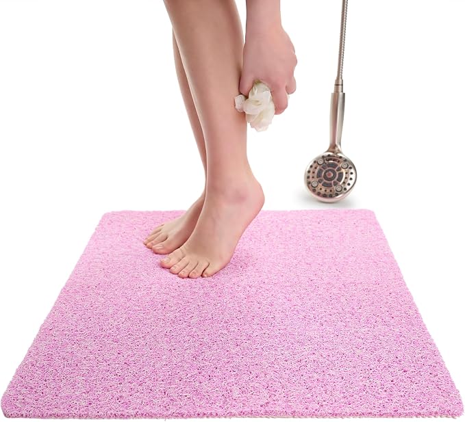 Enkosi Loofah Shower Mat Non-Slip - Anti-Slip Bath Mat for Inside Showers, Tub, Bathtub, Bathroom - Quick Dry PVC with Drain Holes - Cushioned Safety Grip - Secure for Kids and Elderly (Pink 24x24)