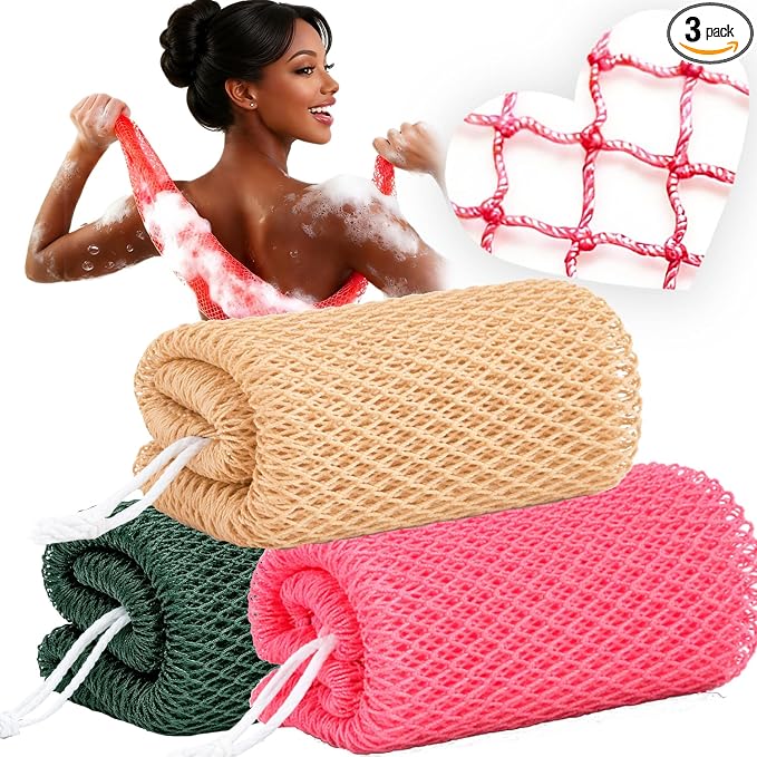 African Net Sponge Authentic, 3 Pcs Exfoliating Net Sponge for Bath, 45 Inch Long Stretch Back Scrubber for Women and Men, Exfoliating Shower Scrubber (Olive Green+Champagne Gold+Pink, 3 Packs)