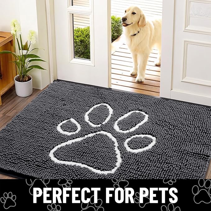 Smiry Dog Door Mat for Muddy Paws, Absorbent Dirt Trapper Non Slip Quick Dry Washable Chenille Mat for Mud Dogs, Entry Rug for Indoor and Outdoor (54x24 Inches, Dark Grey and White)
