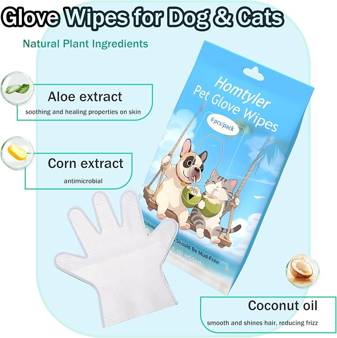 Homtyler Dog Wipes & Cleaning Gloves 2-in-1 for Dogs and Cats, Extra-Thick Pet Wipes with Coconut Oil for Lick-Safe Paws, Eyes, Ears & Body, Rinse-Free Waterless Bath for Deodorizing&Cleansing, 24 PCS