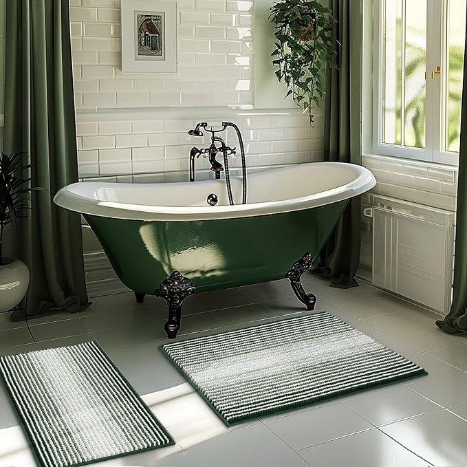 Bathroom Rugs and Mats Sets, 2 Piece Thick Absorbent Chenille Bath Mat Rug Set Non Slip, Soft Shaggy Bath Room Floor Mats for Bathroom, Machine Washable (Hunter Green, 20" x 32" Plus 16" x 24")