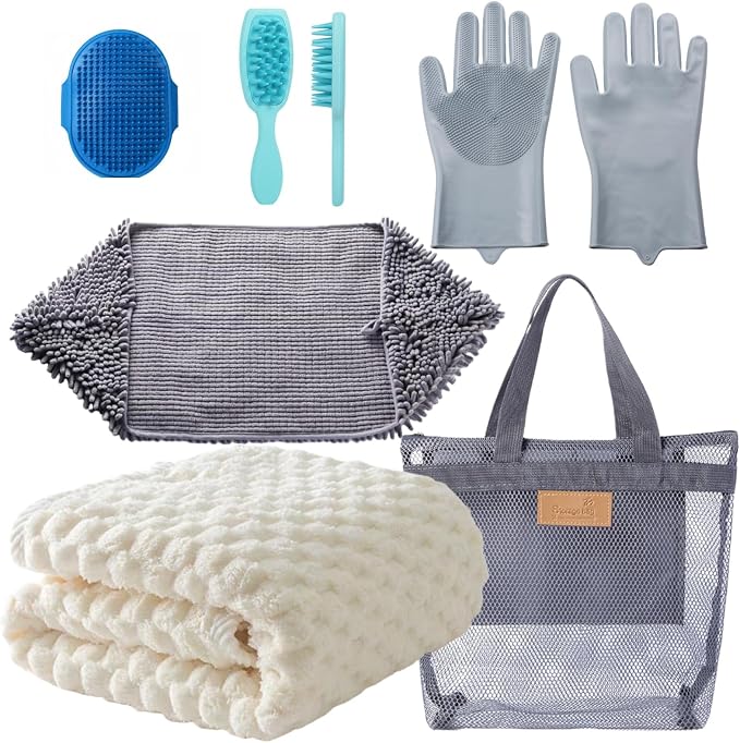 6 Pack Dog Towels for Drying Dogs, Bath Supplies Bath Grooming Kit for Pets, Pet Bath Towel Super Absorbent Set with Hair Brush, Washing Gloves for Large or Small Cats,Beige