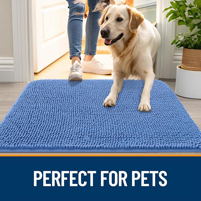 OLANLY Dog Door Mat for Muddy Paws 47x17, Absorbs Moisture and Dirt, Absorbent Non-Slip Washable Doormat, Quick Dry Chenille Mud Mat, Entry Indoor Entryway Carpet for Inside Floor, Cornflower Blue
