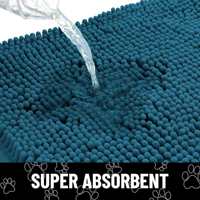 Smiry Dog Door Mat for Muddy Paws, Absorbent Dirt Trapper Non Slip Quick Dry Washable Chenille Mat for Mud Dogs, Entry Rug for Indoor and Outdoor (30x20 Inches, Atlantic Blue and White)