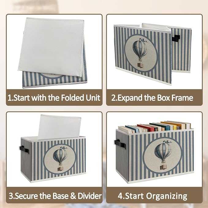 Hot Air Balloon Boy Storage Bins Box with Handles, Kids Decor for Boys, Blue Striped Balloon Collapsible Organizer Basket for Kids Nursery Room Bedroom Playroom Toys Books