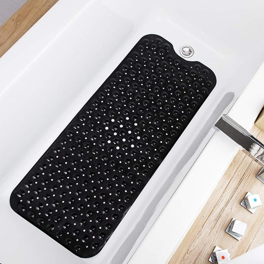 TEESHLY Bathtub Mats for Shower Tub, Extra Long Non-Slip 39 x 16 Inch Bath Mat with Drain Holes and Suction Cups, BathMat for Bathroom with Machine Washable (Opaque Black)