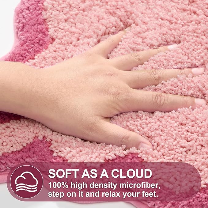 ORTIGIA Small Pink Scalloped Bath Mat, Cute Plush Microfiber Scallop Bathroom Rugs Non Slip Washable Quick Dry Absorbent, Bathmat Carpet for Shower Stall Vanities Kitchen Floor Entrance, 17x24