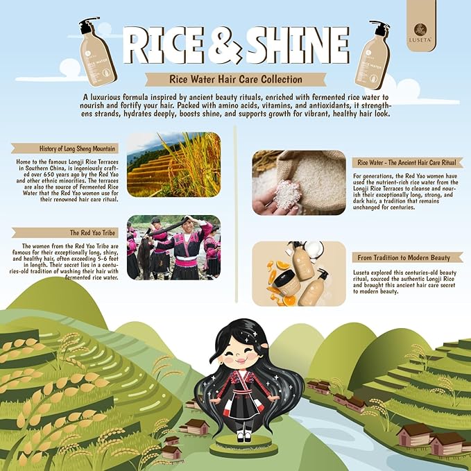Luseta Rice Water Strengthening & Nourishing Shampoo 16.9oz | Revitalizes Shine for All Hair Types Hydrating & Frizz Control for Women and Men