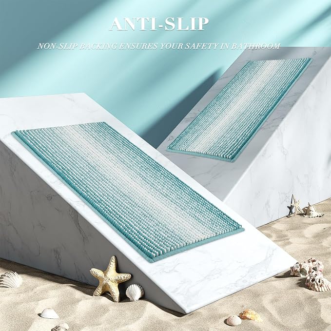 BSICPRO Chenille Bathroom Rugs, 24 x 43 Inches Non Slip Absorbent Bath Mat, Soft Shaggy Shower Bath Floor Mats for Bathroom, Machine Washable(Aqua Green)