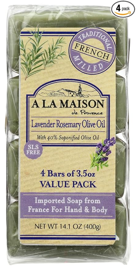 A LA MAISON Lavender Rosemary Olive Oil Bar Soap - Triple French Milled Natural Moisturizing Hand Soap Bar (4 Bars of Soap, 3.5 oz)