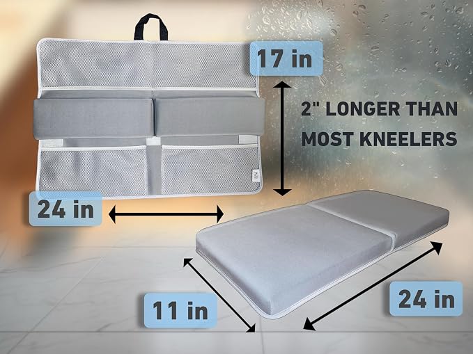 NEW Luxury Bath Kneeling Pad and Elbow Rest Set - THICK SOFT Bath Kneeler Pad and Bath Toys Organizer with Pockets - Supports Knees and Elbows - Bath Kneeling Pad for Baby Bathtime - Light Grey