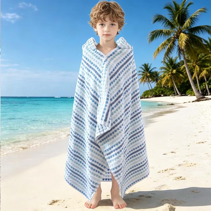 VOOVA & MOVAS Hooded Bath Towels for Kids | Soft Absorbent 100% Cotton Thick Towel Wrap | Versatile Beach, Pool, Swim & Bath Cover-Up | Blue White Plaid