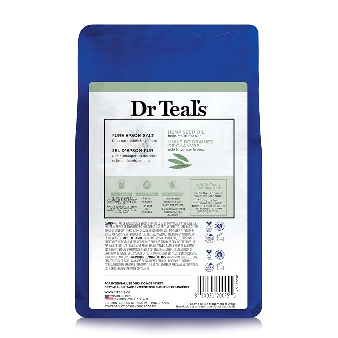 Dr Teal's Pure Epsom Magnesium Salt Soak, Cannabis Sativa Hemp Seed Oil, 3 lb