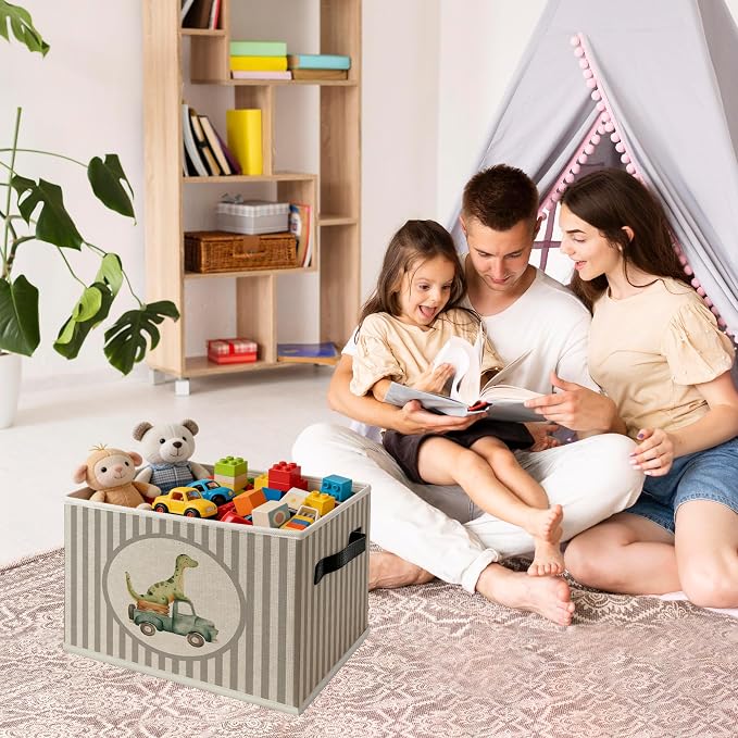 Dinosaur Truck Boy Nursery Foldable Storage Bins Box with Handles, Neutral Striped Dinosaur Truck Playroom Collapsible Organizer Basket for Kids Boys Room Bedroom Bathroom Clothes Books