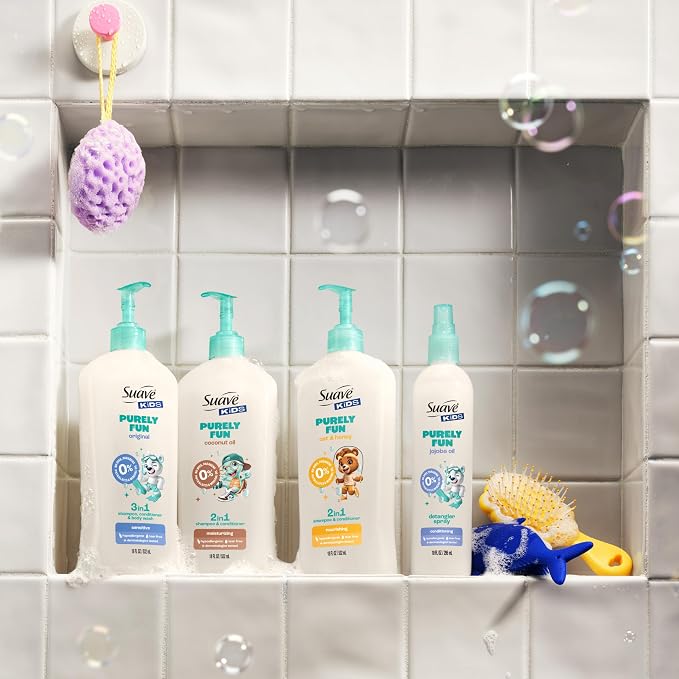 Suave Kids Purely Fun 2 in 1 Shampoo and Conditioner with Coconut Oil, Tear-Free, Hypoallergenic, Gentle Hair Care for Sensitive Scalps, Kids Shampoo & Conditioner, 6 Count, 18 fl oz