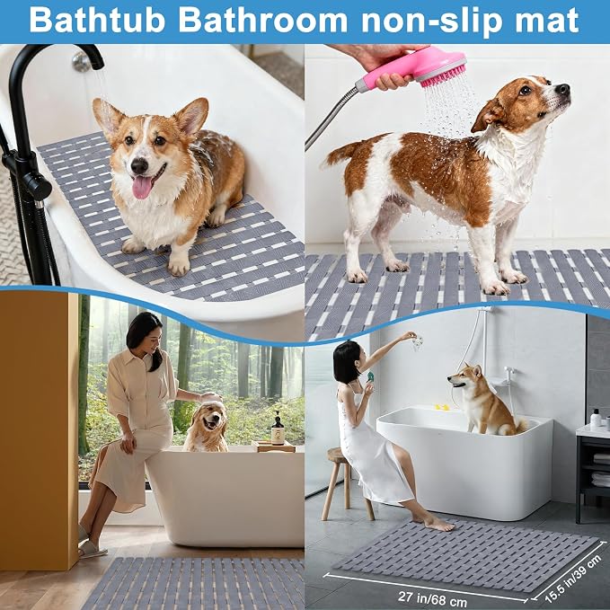 Non Slip Dog Bath Mat for Tub, Pet Dog Bathing Non-Slip Mat, Dog Bath mat for tub, 27.5x15.7 Inch Quick Drain Bathtub Mat with Suction Cups & Drain Holes for Bathroom (Khaki)