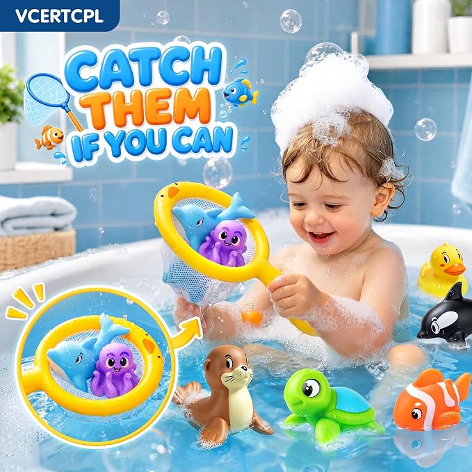 Vcertcpl Bath Toys for Kids Toddler Bathtub Toys, No Hole Baby Bath Toys with Floating Rubber Animals, Watering Can, Duck Net and Spoon, 11 Pack Bathtub Sand Beach Pool Toys Water Toys for Kids