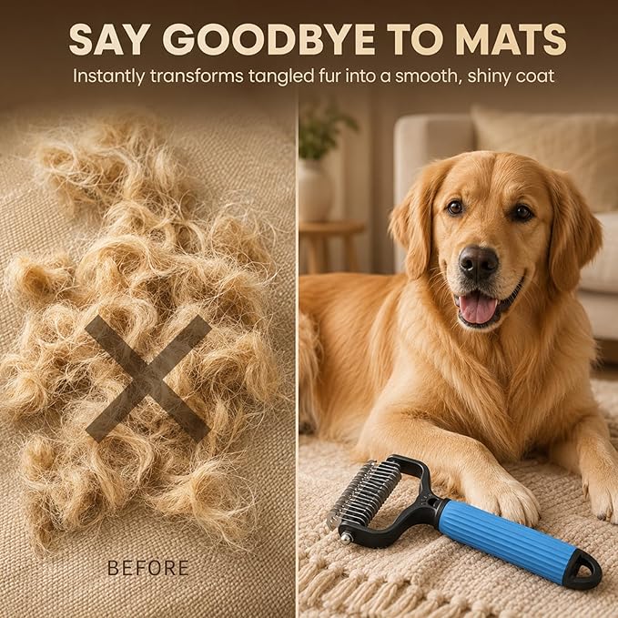 Double Sided Dematting Comb for Cats & Dogs, Undercoat Rake, Pet Grooming Brush for Long Hair, Deshedding Dog Brush Removes Tangles Knots and Loose Fur, Grooming Tool for Thick Coats(Blue)