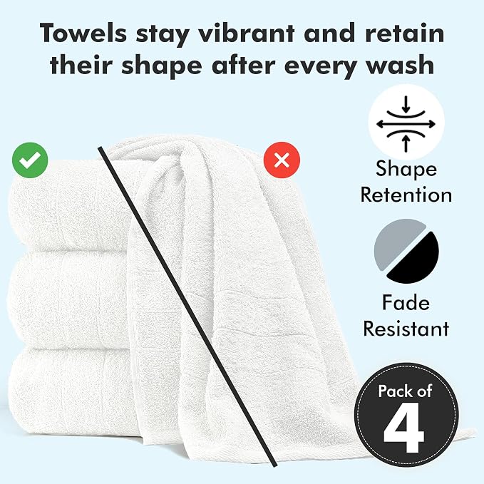 Bath Towels Set of 4 – 100% Ring Spun Cotton White Extra Large Towels for Bathroom, Spa Use (55x28 in) – 550 GSM Super Soft and Quick Dry Large Bath Sheets for Adults