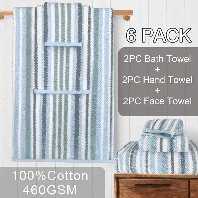 100% Cotton Blue Striped Luxury 6 Piece Towel Set , Quick Dry & Highly Absorbent Towels Set for Bathroom ( 2 Bath with Hanging Loop 28"x52", 2 Hand 16"x27", 2 Washcloth 13"x13" ), Blue & Gray