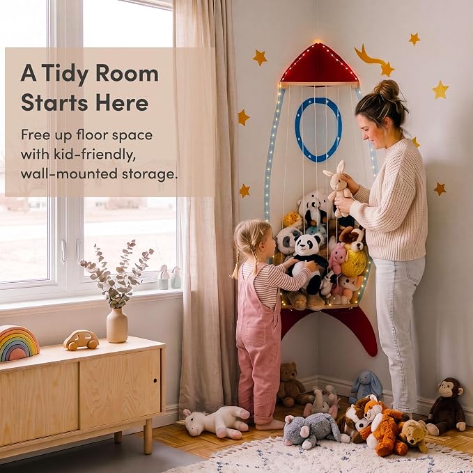 PUTSKA Nursery Furniture Hanging Organizer – Wall Mounted Stuffed Animal Storage for Baby Room, Corner Plush Collection Display & Nursery Organization System, Space-Saving Vertical Storage - Spaceship