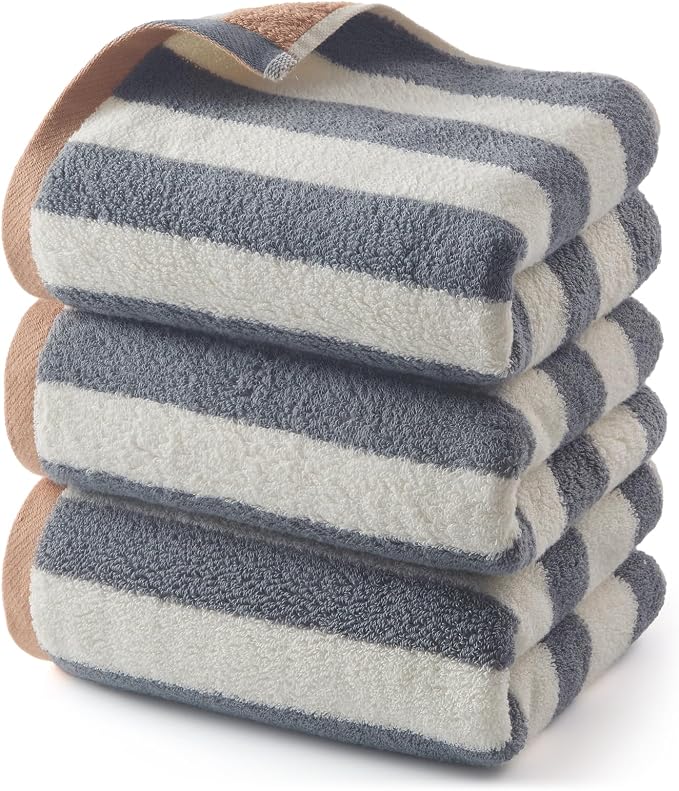 REDKISS Striped Hand Towels for Bathroom, Kitchen Decor, Guest Use, Ultra Soft and Highly Absorbent for Kids Adults, 100% Cotton, 12” x 28”, 3 Pack, Grey
