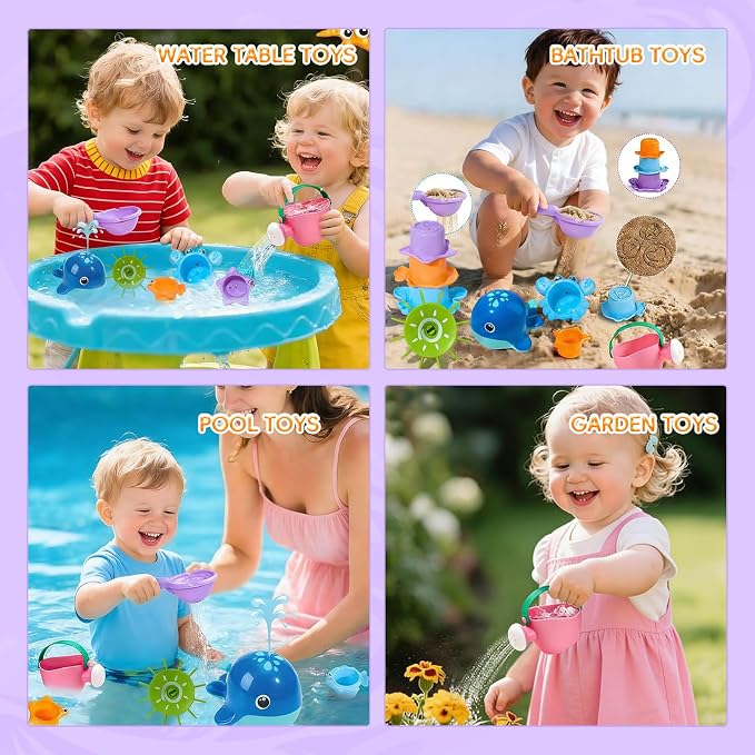 Mold Free Bath Toys | Easy Clean & Fun Baby Bath Toys for Kids Ages 1-3 | Watering Can Bath Cups Water Wheel Whale Bath Toy for Babies 12+ Months | Bathtub Pool Water Toys for 1+ Year Old Girl Gifts