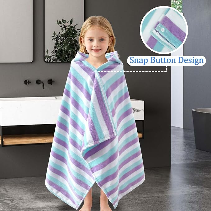 VOOVA & MOVAS Kids Hooded Bath Towels(3-6Years),Absorbent Quick Dry Lightweight Hooded Cotton Towel for Pool | Swim | Beach | Bath, Boys Wrap Towel with Hood, Aqua Purple Stripe