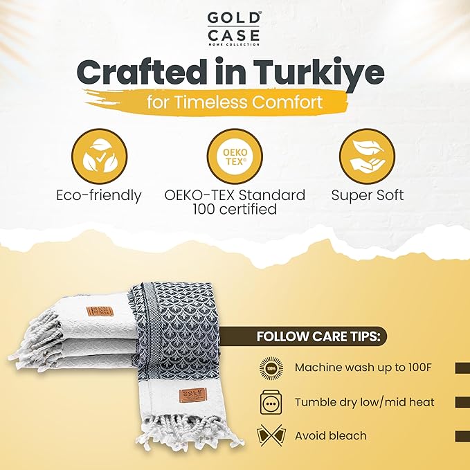 Gold CASE Turkish Hand Towels for Bathroom Set of 4 – 100% Cotton Bathroom Towels – Helen Kitchen Small Towel for Spa, Face, Tea & Dishcloth – Decorative Patterned Weave – Black