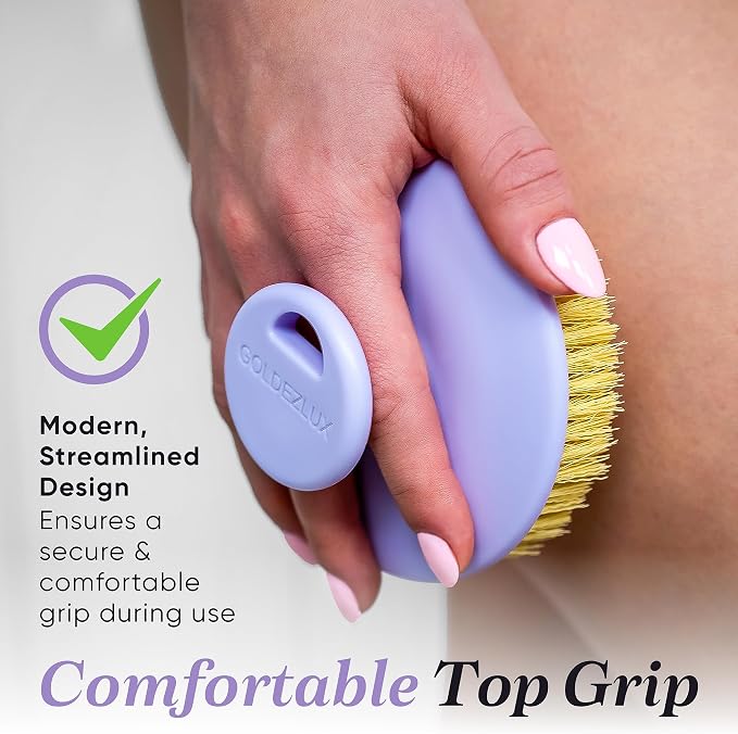 GOLDEZLUX® Dry Body Brush Cruelty-Free Firm Bristles Exfoliate Promote Smooth Skin, Dry Brushing Stimulate Blood Flow, Lymphatic Drainage, Prevent Ingrown Hair - Large Size & Comfortable Grip (Purple)