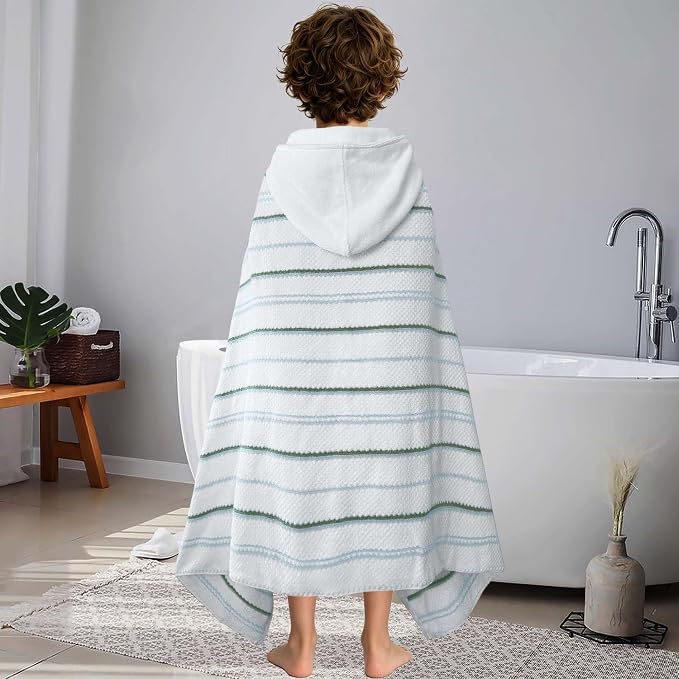 VOOVA & MOVAS Hooded Bath Towels for Teens/Big Kids (8Years Up) | Soft Absorbent 100% Cotton Thick Towel Wrap | Versatile Beach, Pool, Swim & Bath Cover-Up | WhiteBlueGreen