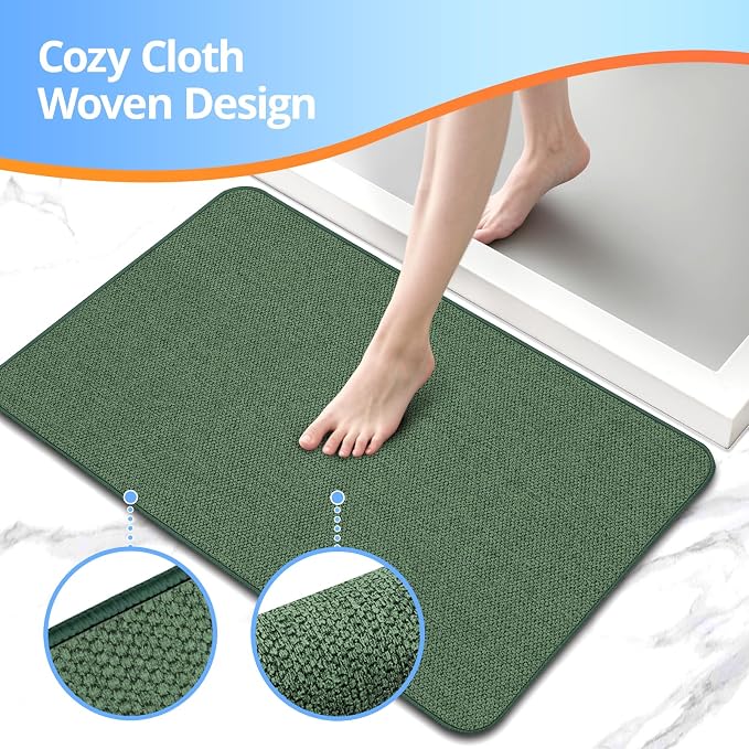 HOMTEB Bath Mat 17x27Inch, Thin Bath Mats Rugs with Rubber Backing Non-Slip, Absorbent,Quick Dry Machine Washable, Home Decor Accessories Cozy Cloth Bathroom Rugs fit Under Door/Sink/Tub-Green
