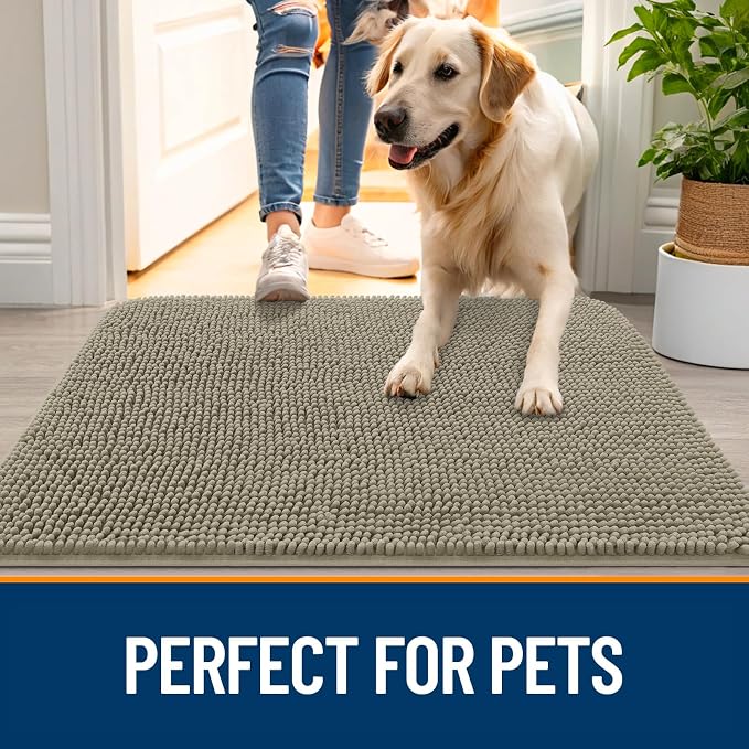 OLANLY Dog Door Mat for Muddy Paws 59x35, Absorbs Moisture and Dirt, Absorbent Non-Slip Washable Doormat, Quick Dry Chenille Mud Mat, Entry Indoor Entryway Carpet for Inside Floor, Warm Taupe