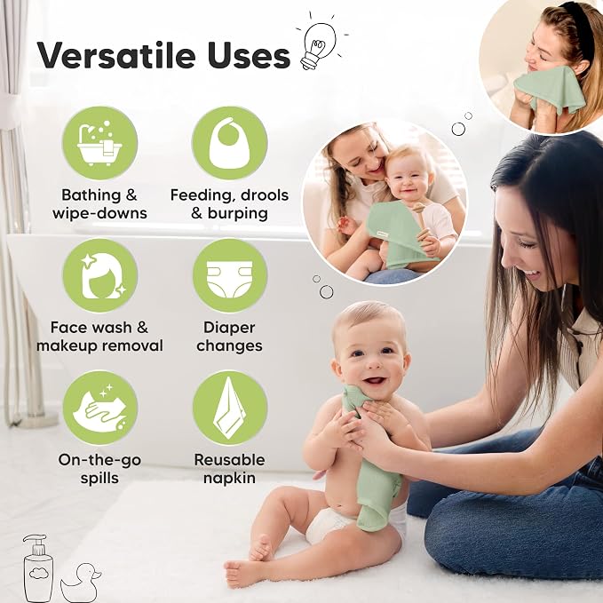 6-Pack Baby Washcloths, Soft Absorbent Washcloths for Face, Body (Pistachio) | Viscose from Bamboo Washcloths, Baby Towels, Newborn, Kids, Toddlers, Infant, Gentle on Sensitive Skin, 10x10, Reusable