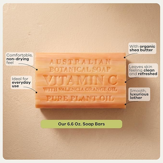 Australian Botanical Soap, 6.6 OZ, Vitamin C and Valencia Orange, Triple Milled Bars made with a Natural Soap Base and Enriched with Organic Shea Butter, Pack of 8