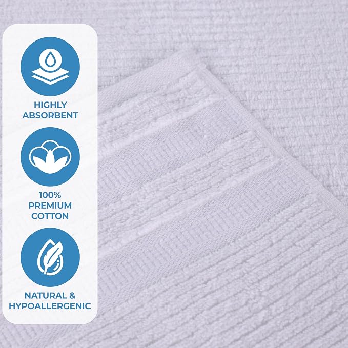Superior Cotton Bath Towel Set, Zero Twist, Ribbed Geometric, Large Plush Absorbent Body Towels, Luxury Soft Quick Drying, Shower, Spa, Hotel, Pool, Guest Bathroom, Home Essentials, Set of 3, White