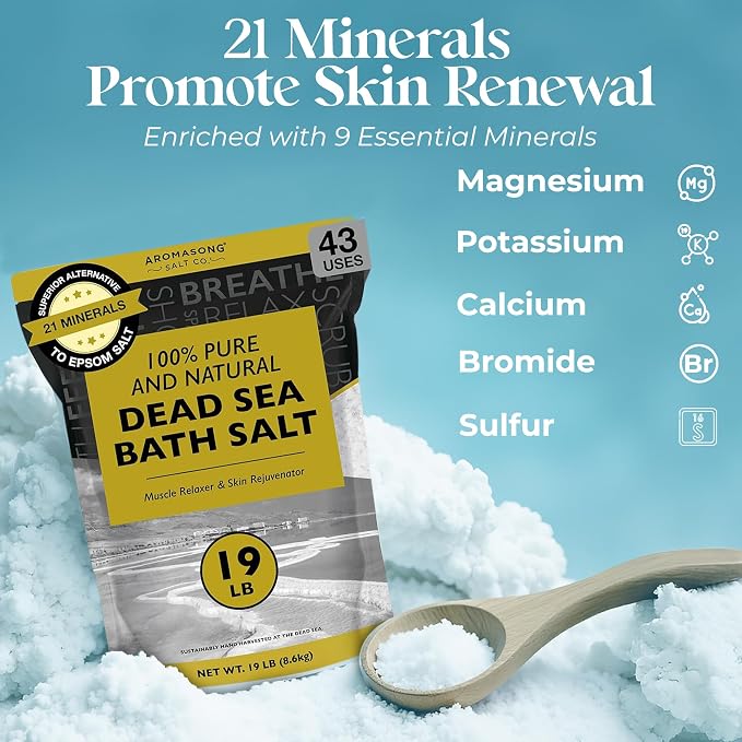 Aromasong Dead Sea Bath Salt - 100% Pure & Natural Dead Sea Salts for Soaking Coarse Grain 19 LB - Bulk Resealable Pack (Packaging May Vary) Used for Body wash Scrub - Soak for Women & Men.