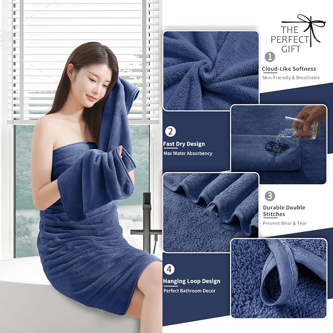 Extra Large Bath Sheet 4 Piece (35"x70")-Ultra Soft Oversized Bath Towel,Bath Sheet Towel Set for Bathroom Hotel,Highly Absorbent Quick Dry Shower Towel Set for Adults,Bathroom Towel-Navy Blue