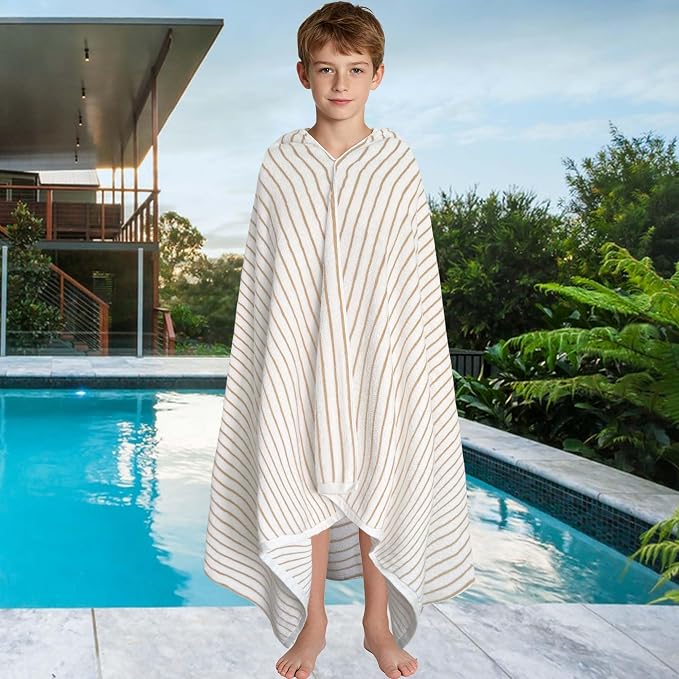 VOOVA & MOVAS Hooded Bath Towels for Teens/Big Kids (12Years Up) | Soft Absorbent 100% Cotton Thick Towel Wrap | Versatile Beach, Pool, Swim & Bath Cover-Up | White Brown