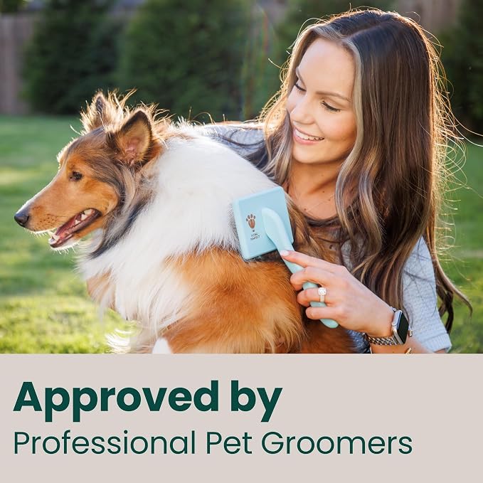 Pet Slicker Brush With Soft Massage Grooming Stainless Steel Pins - For Dematting, Shedding Fur, and Undercoat - Ideal Gift for Professional Pet Groomers - Long Slicker Brush (Blue, Curved Medium)