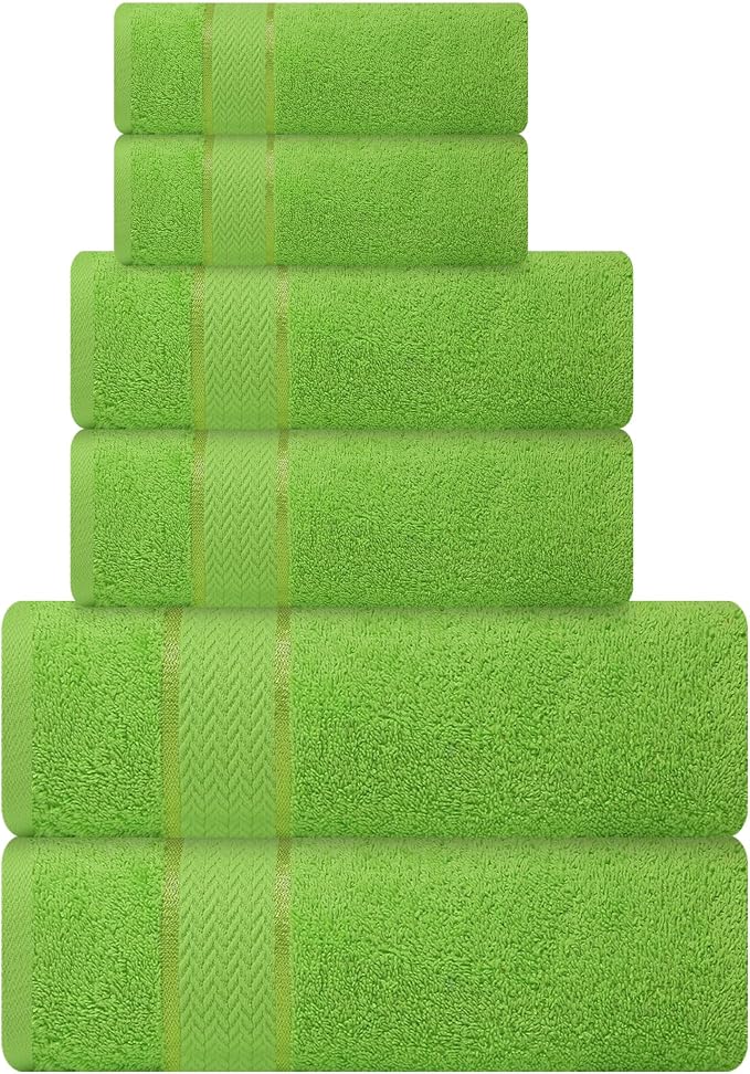 Bath Towels Set-100% Cotton-2 Towels, 2 Hand & Washcloths-Large, Quick Dry, Absorbent, Soft Plush-Home, Spa, Hotel, Pool, Shower -6 Piece Luxury Bathroom - Parrot Green