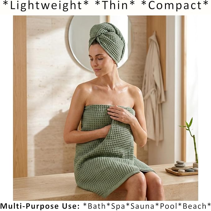 PÜSKÜL Natural 100% Turkish Cotton Waffle Bath Towels Set of 2-Piece | 32x63 inch Extra Large Absorbent Quick-Dry Lightweight Spa Towel | Luxury Sauna Accessories (Sage Green, Bath Towels - Pack of 2)
