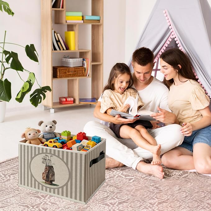 Vintage Golf Storage Bins Box with Handles, Golfing Sports Decor for Boys, Sage Striped Classic Golf Bag Aesthetic Collapsible Organizer Basket for Nursery Room Bedroom Playroom Toys Books