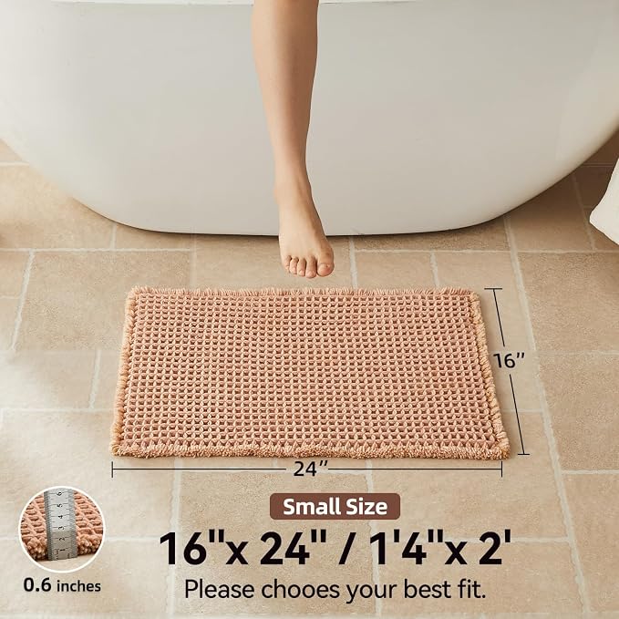 Triohero Waffle Bath Mat, Small Boho Bathroom Rugs Non Slip Washable, Ultra Soft Super Absorbent Quick Dry Farmhouse Bathroom Decor, 16" x 24", Light Peachy