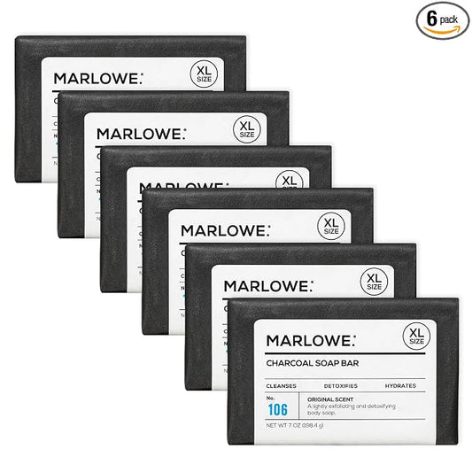 MARLOWE. Charcoal Soap, Cleansing Body Bar Soap for Men, 7 oz(6 Bars) | Charcoal soap bar detoxifies and deeply cleanses while leaving skin smooth and hydrated. Original Sage + Fir scent.