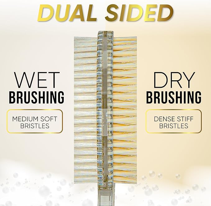 GOLDEZLUX® Firm Body Brush Dual-Sided Shower Brush Back Scrubber - Premium Medium Soft & Stiff Bristles Wet or Dry Brushing - Perfect Durable Non-Slip Long Handle Large Size 17" (Transparent Dual)