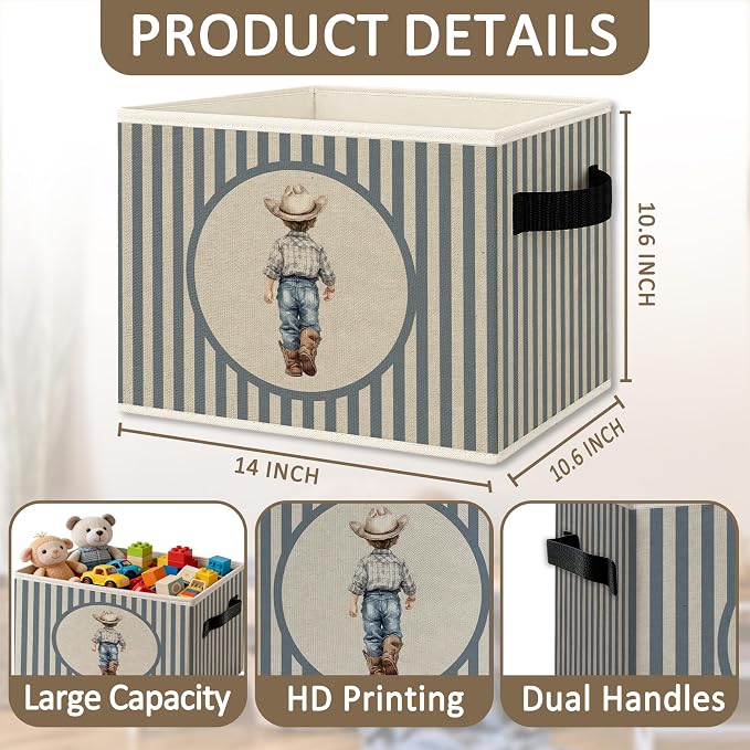 Western Cowboy Boy Nursery Foldable Storage Bins Box with Handles, Blue Striped Cowboy Toddler Boy Collapsible Organizer Basket for Boys Kids Bedroom Bathroom Playroom Clothes Books